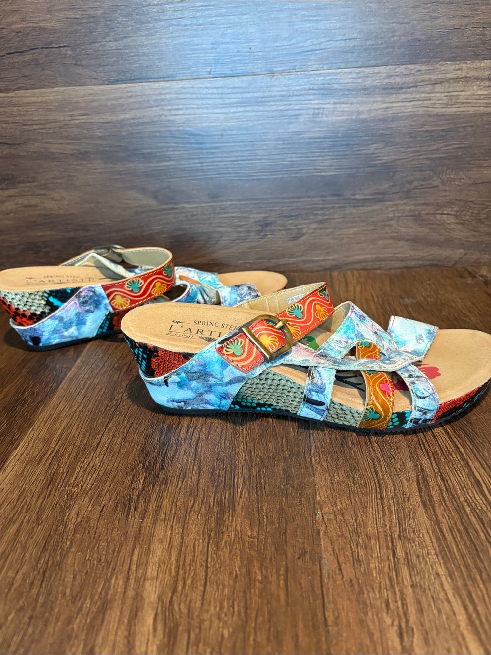 Colorful Patterned Slide Sandals with Blue & Red Accents - Picture 2 of 5